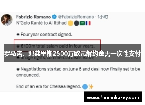 罗马诺：邓弗里斯2500万欧元解约金需一次性支付