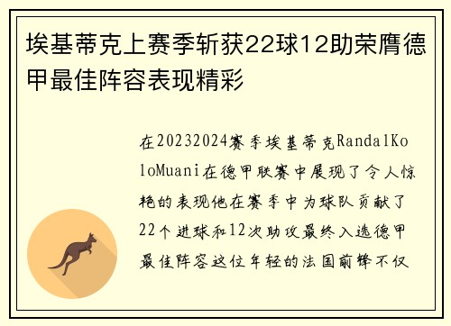 埃基蒂克上赛季斩获22球12助荣膺德甲最佳阵容表现精彩
